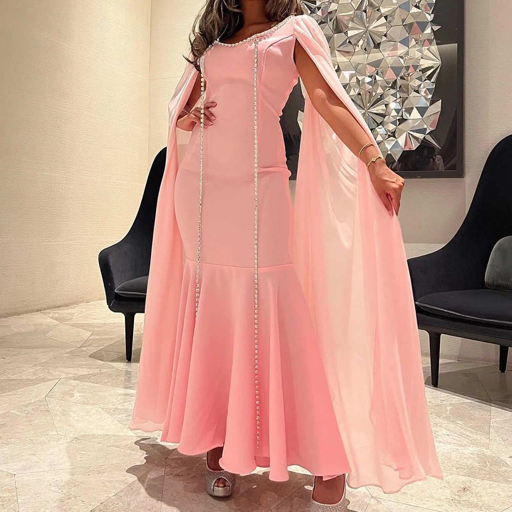 

Customized Jersey A-Line Cap Sleeve Crystal Evening Dress Scoop Floor Length Sleeveless Watteau Train Vestidos para mujer