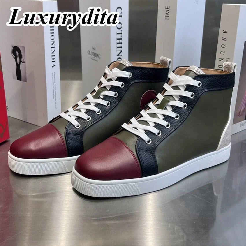 

Top Quality Womens Trendy Casual Sneakers Luxury Mens Real Leather Tennis Shoes Designr Red Soled Tide Lovers Rivet Shoes HJ0086