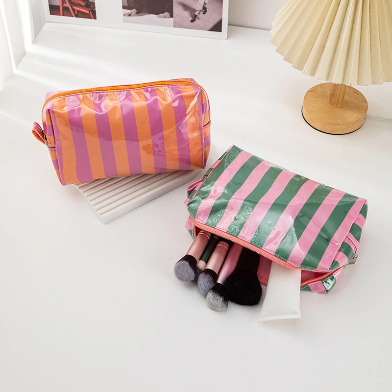 Hot Sale Fashion Simple Pink Stripe Makeup Bag Portable Travel Large Capacity Lipstick Storage Bag Handbag Cute Girls Woman Gift