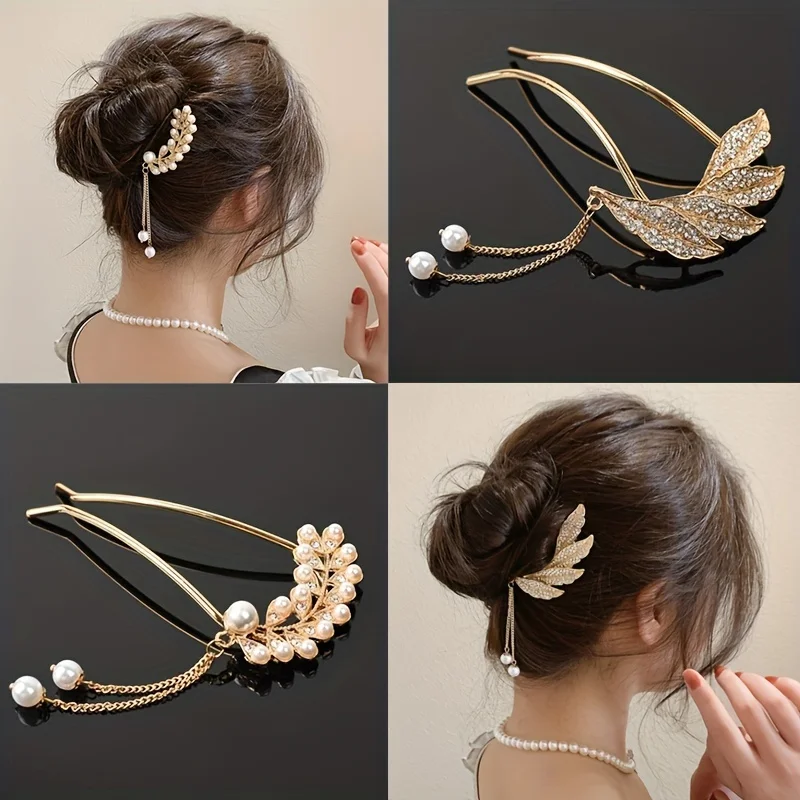 Leaf Alloy Hairpin Elegant Imitation Pearl Tassel U-shaped Hair Fork Ancient Style Exquisite Back Head Plate Hair Accessories