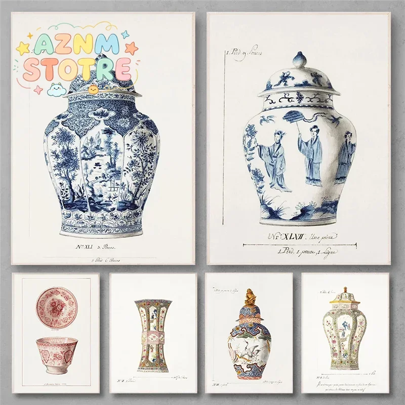 Blue Chinoiserie Vase French Cottagecore Decoration Antique Ginger Jar Wall Art Toile de Jouy Style Poster for Elegant Interi
