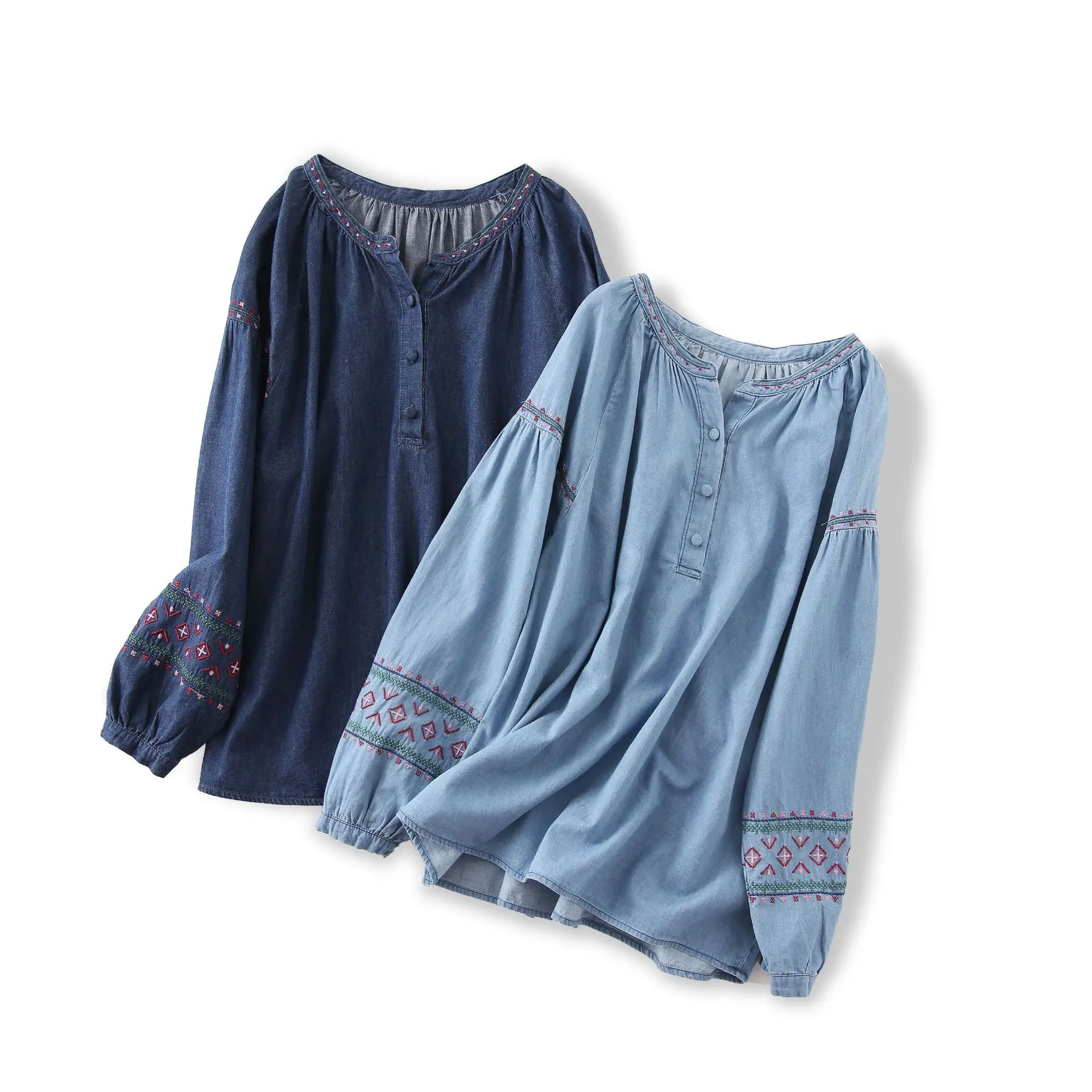 New 2025 Autumn Long Sleeve Denim Shirt, Women O Neck Embroidery Buttons, Mori Girl French Retro Versatile Loose Blouse T59948CC