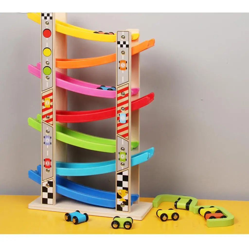

Wooden 7-Layer Ramp Mini Inertia Car Sliding Toy Vehicel Playset for Baby Toddler Fine Motor Skill Developmental Activity