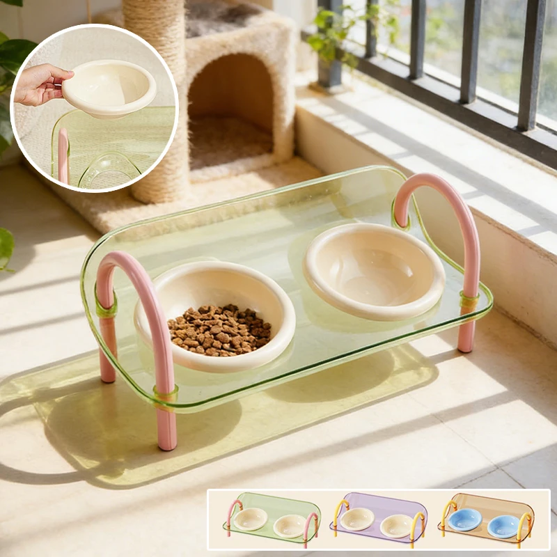 

Cute Color Block Elevated Cat Bowls Shatterproof Double Pet Feeder Whisker Friendly Raised Food Water Bowls for Cats Small Dogs