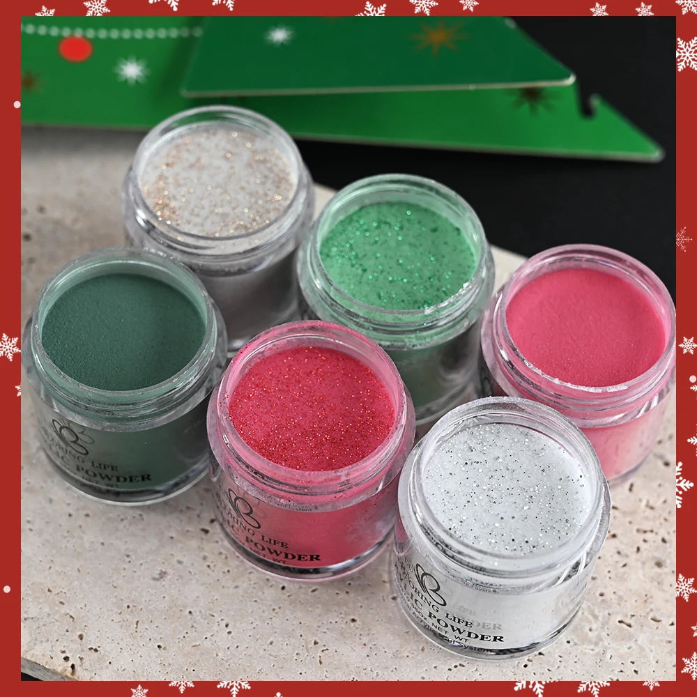 6 stks Rood Groen Kerst Nagel Acryl Poeder 4 In1 Uitbreiding/Dompelen/Graveren Acryl Monomeer Kristal Poeders Winter manicure