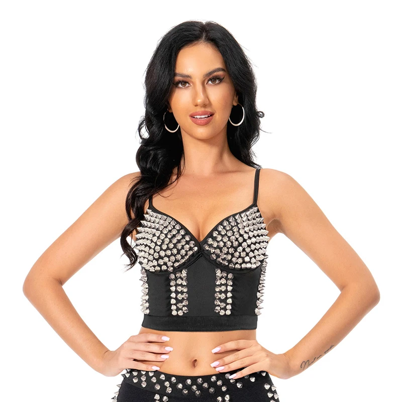 Belly Dance Costume Rivet Punk Studded Camisole Top Adjustable Straps Women Dance wear Performance Nightclub Crop Tank Top Bra