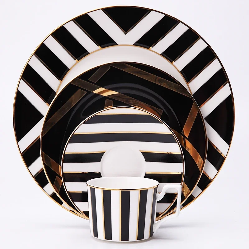 

Striped black traced gold edged Western style tableware decoration with soft design Bone coffee plate set