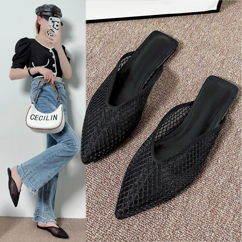 Fashionable Pointed Toe Half Slippers Women 2024 Summer New Women\'s Mesh Hollow Slippers Plus Size Outdoor Leisure Mules Shoes