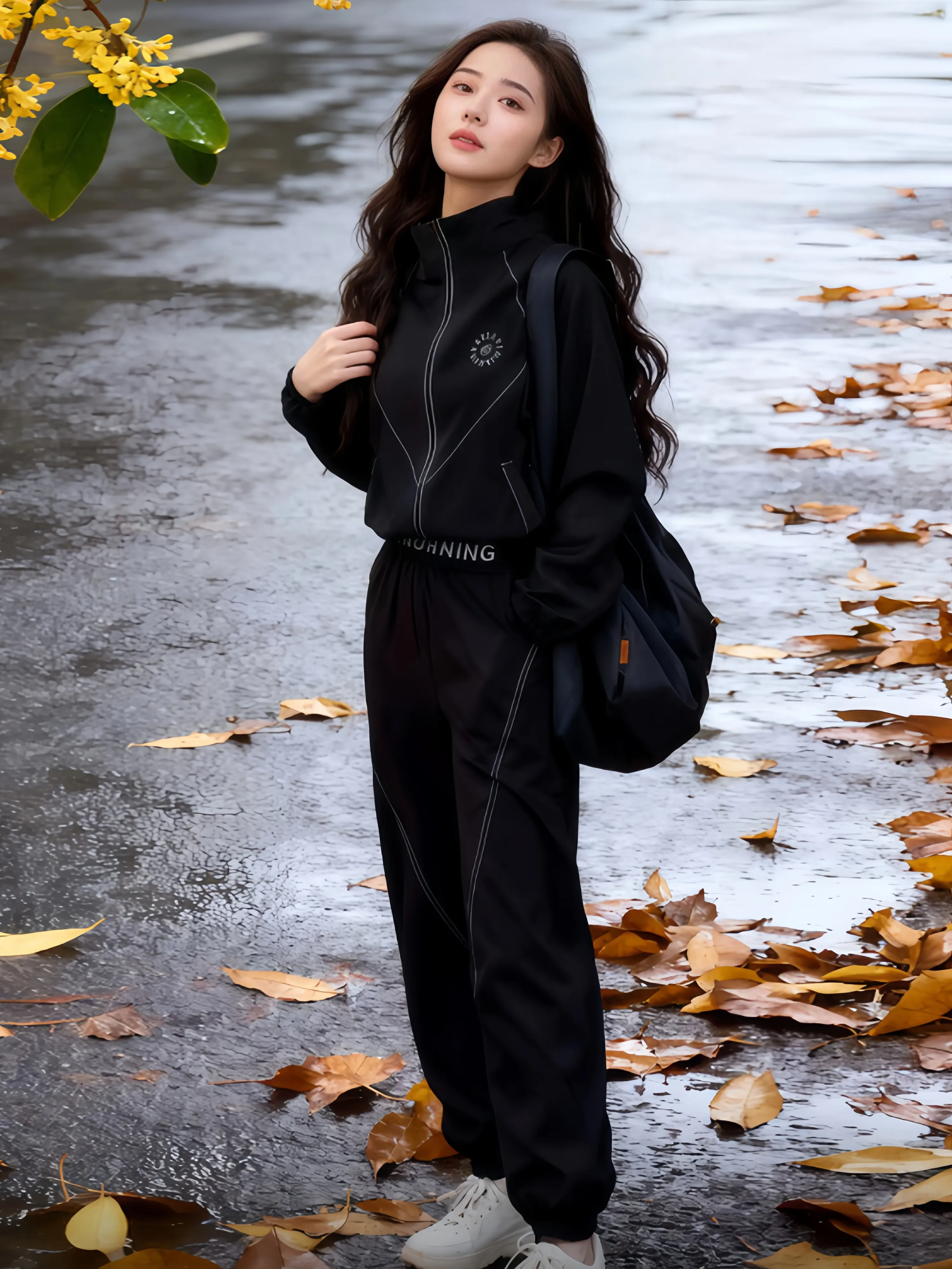 Conjunto Deportivo Informal para Mujer, Chaqueta Negra, Pantalones Holgados Estilo Harlan, Traje de Dos Piezas, Otoño Invierno, Estilo Elegante y Moderno, Online E...