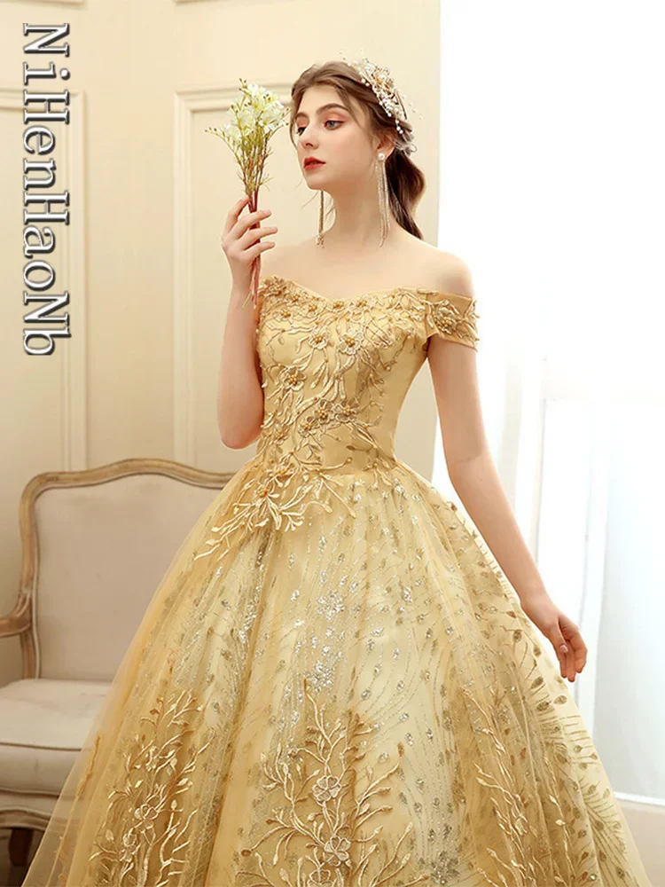 Quinceanera Dresses Wedding Dress Red Royal Blue Gold Ball Gown Boat Neck Embroidery