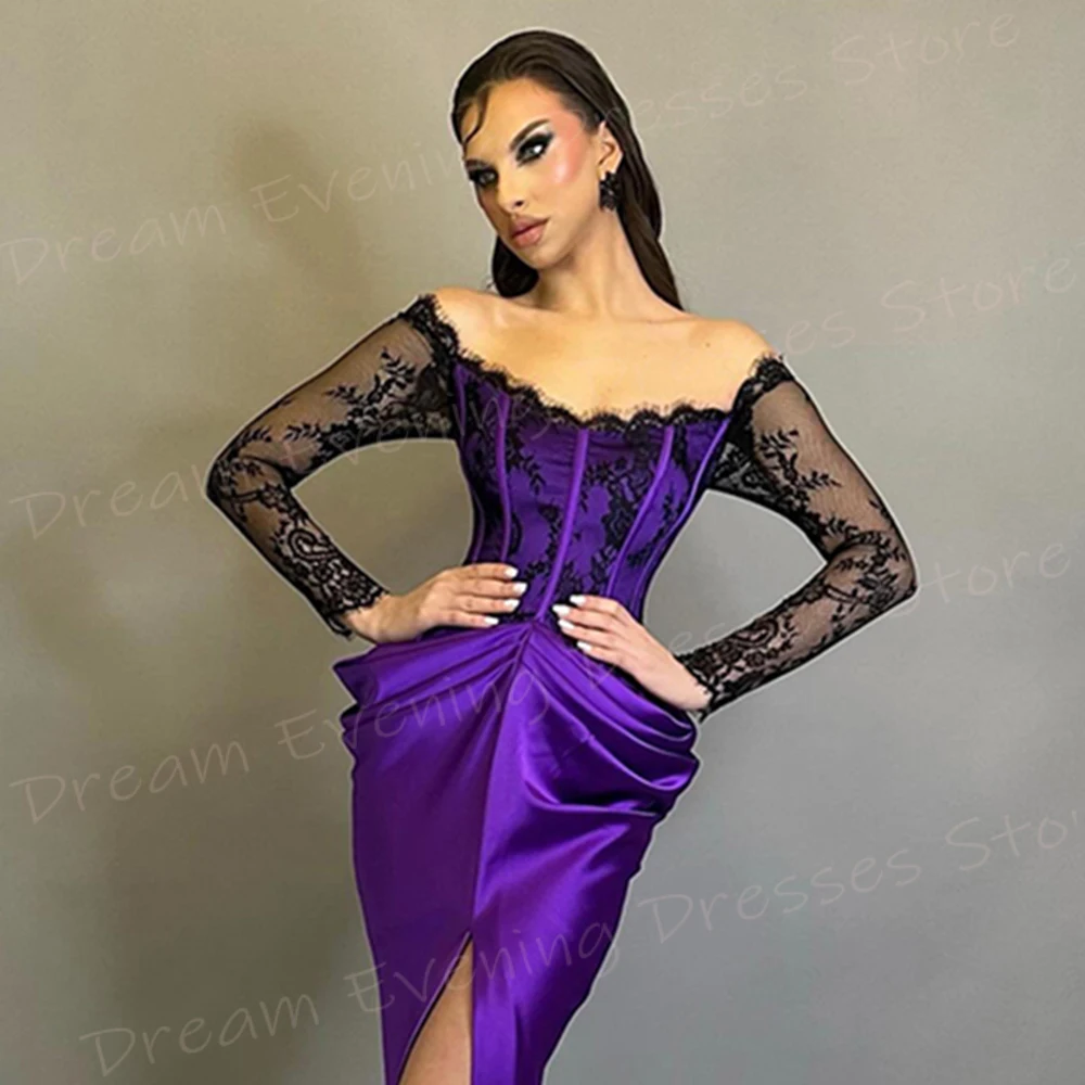 2024 New Modern Women's Mermaid Elegant Evening Dresses Long Sleeve Lace Appliques Prom Gowns Charming Split Vestido De Noche