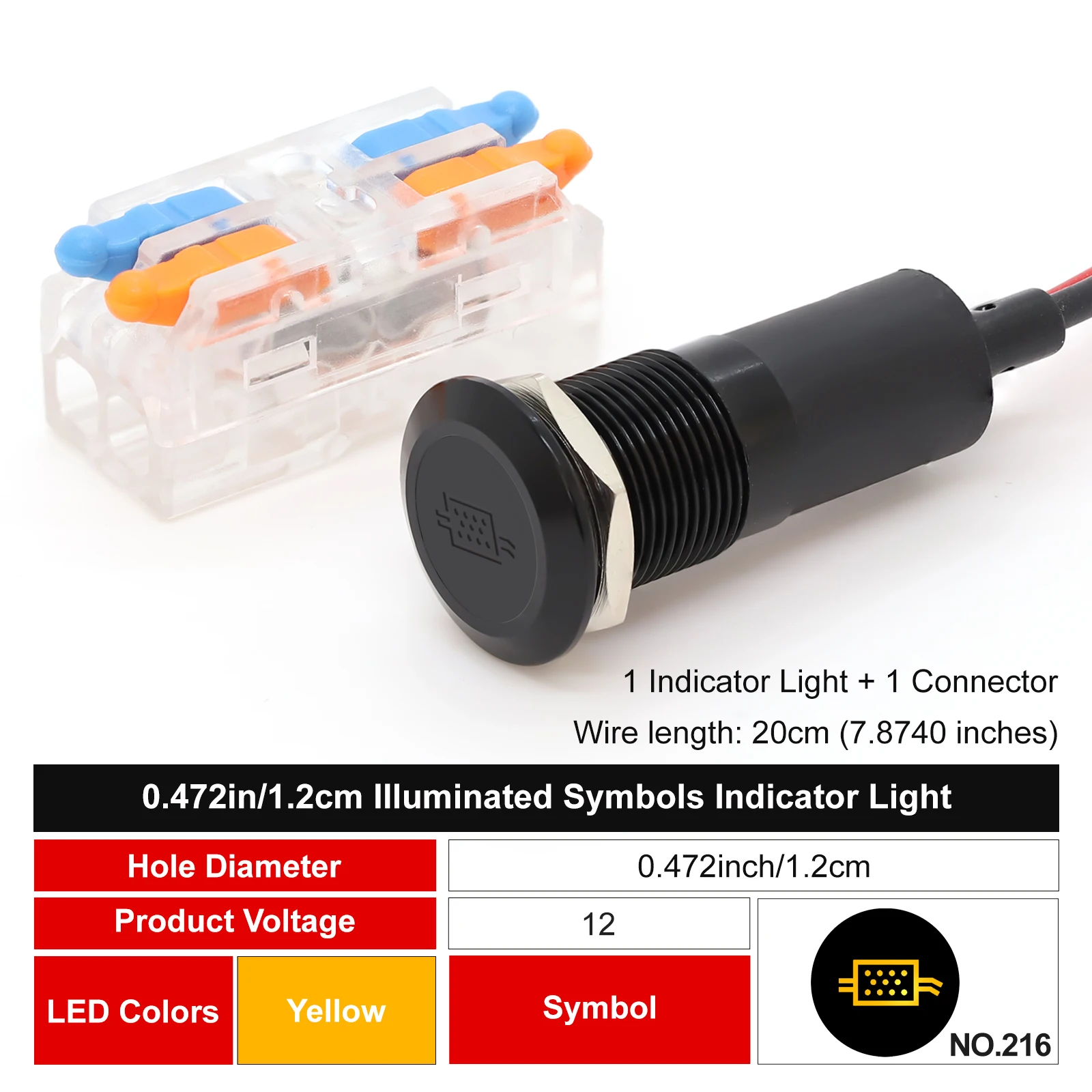 FILN 12mm Symbol-LED-Anzeigeleuchte 12V 24V Schwarze Metall-Anzeigeleuchte mit Kabel für Auto-Armaturenbrett und Maschinen