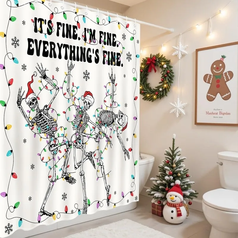 Christmas Dancing Skeleton Shower Curtain with 12 Hooks Funny Holiday Bathroom Decor LED Lights No Drilling Required