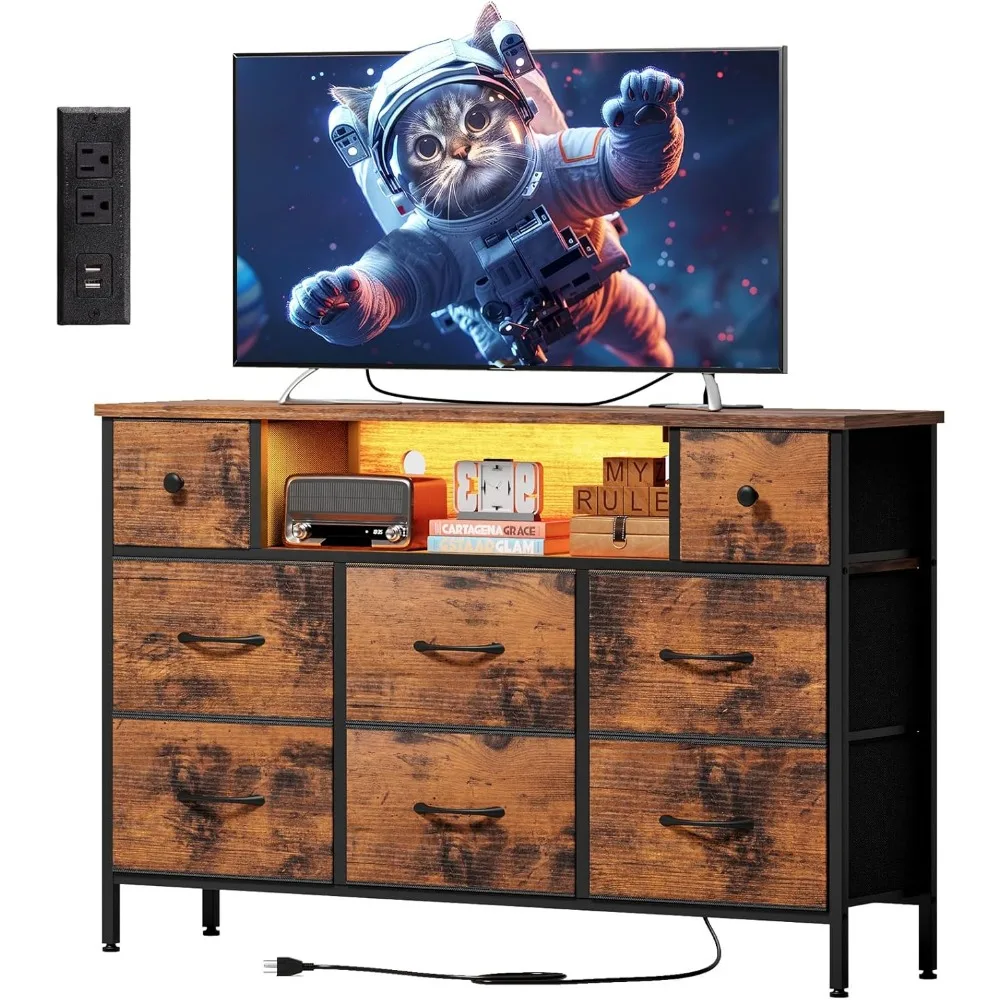 fixwal tv stand dresser for bedroom with storage and led lights, rustic brown 55