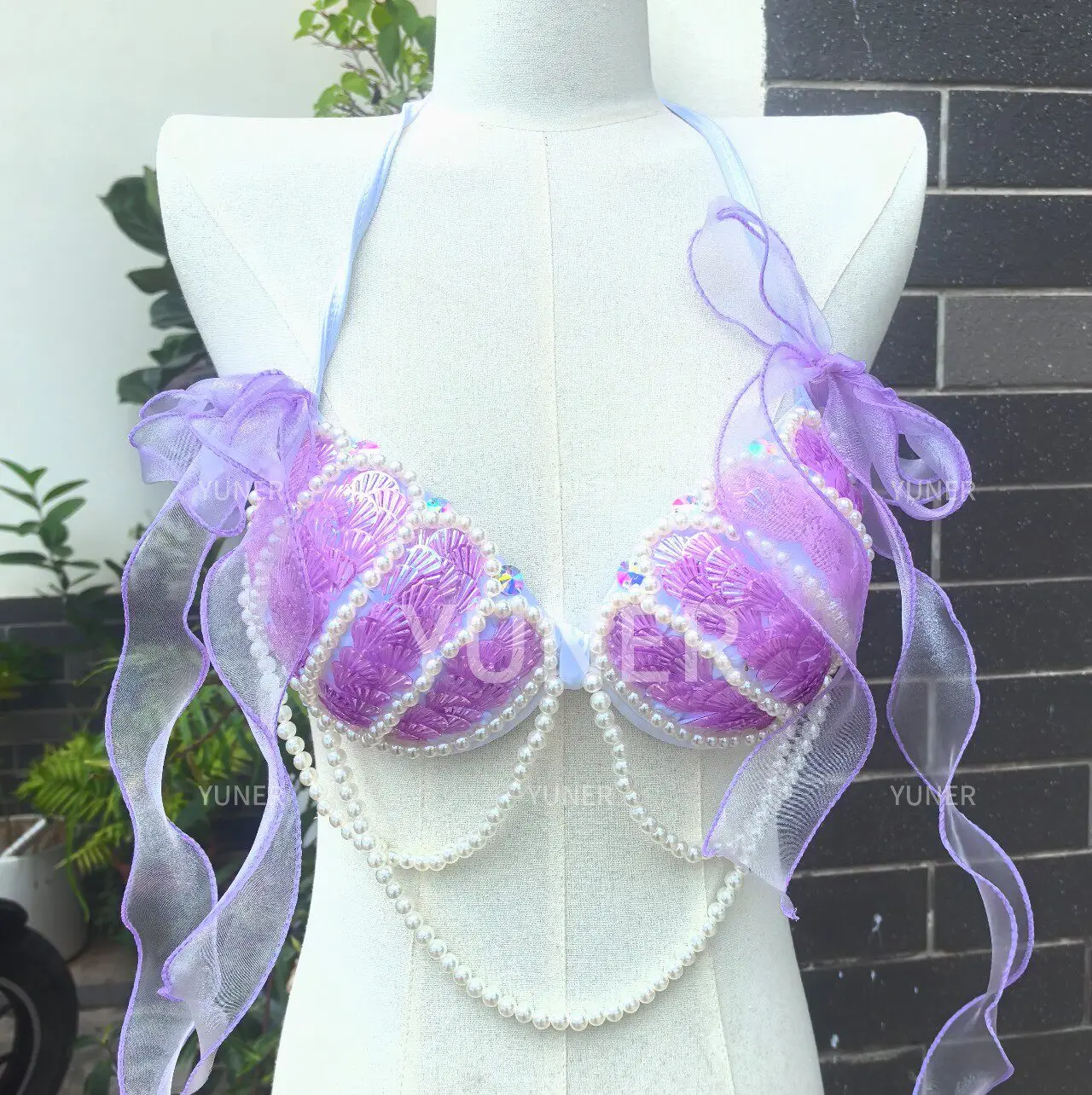 

New Mermaid Gathering Bikini Top, Hot Spring Swimsuit With Sequins, Triangular Lace Up Vacation Beach Bikini With Sequins Bra