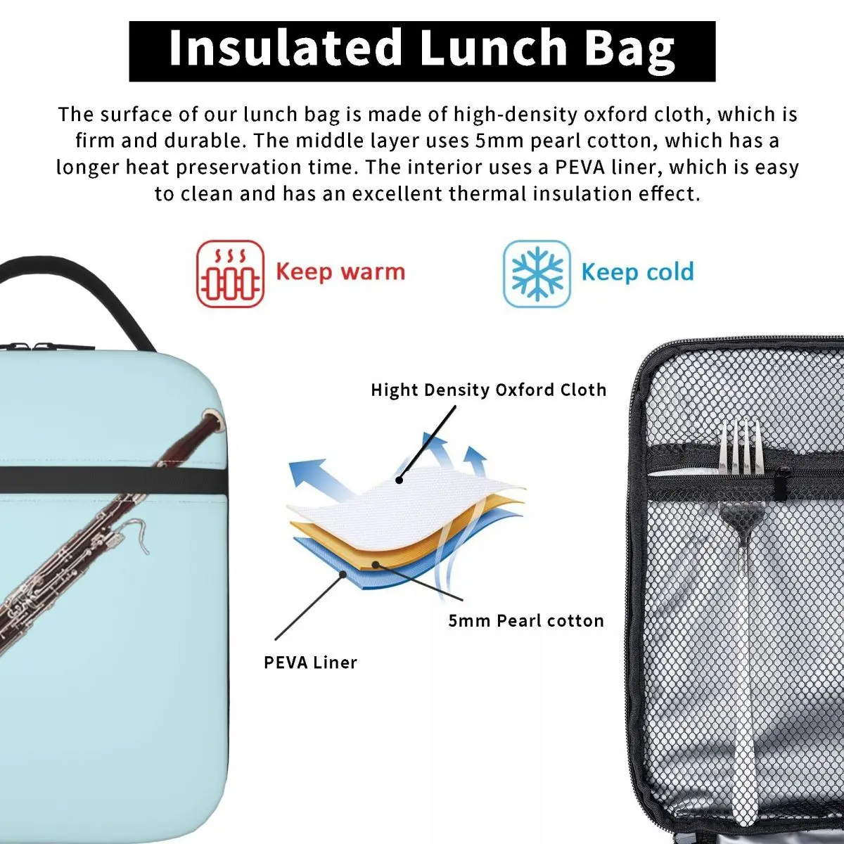 Bassoon Instrument Black Socks Insulated Lunch Bag for Women Kids Portable Food Boxes Thermal Lunch Box Tote