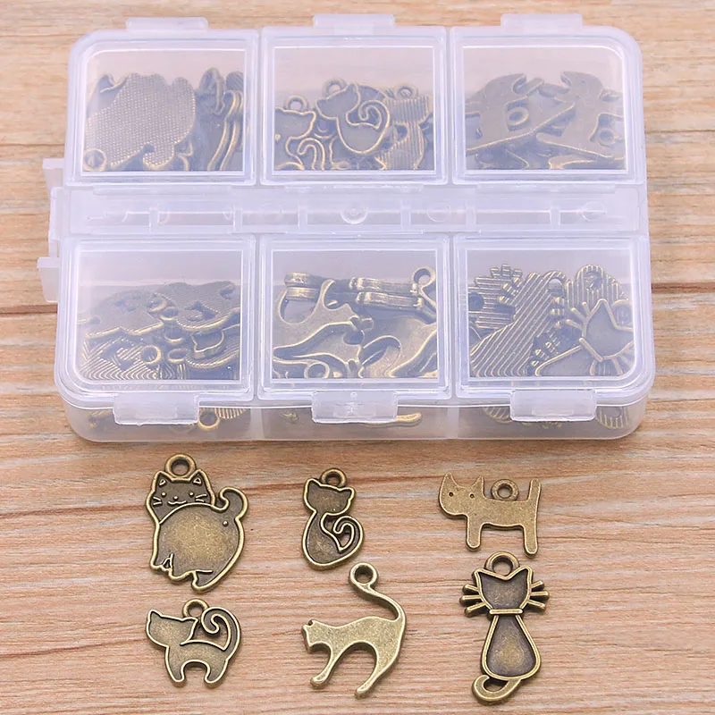 1 Set 60Pcs/Lot 2 Color 6 Styles Animal Charm Small Cat Pendant Kit With Box Material For DIY Jewelry Necklace Bracelet Making