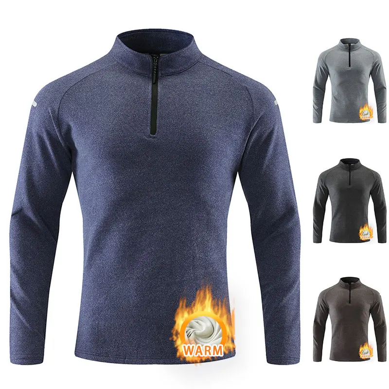 Men Running Long Sleeve T-shirt Outdoor Reflective Fitness Sports Top Autumn Winter Breathable Half Zippered Jogging Sportswear