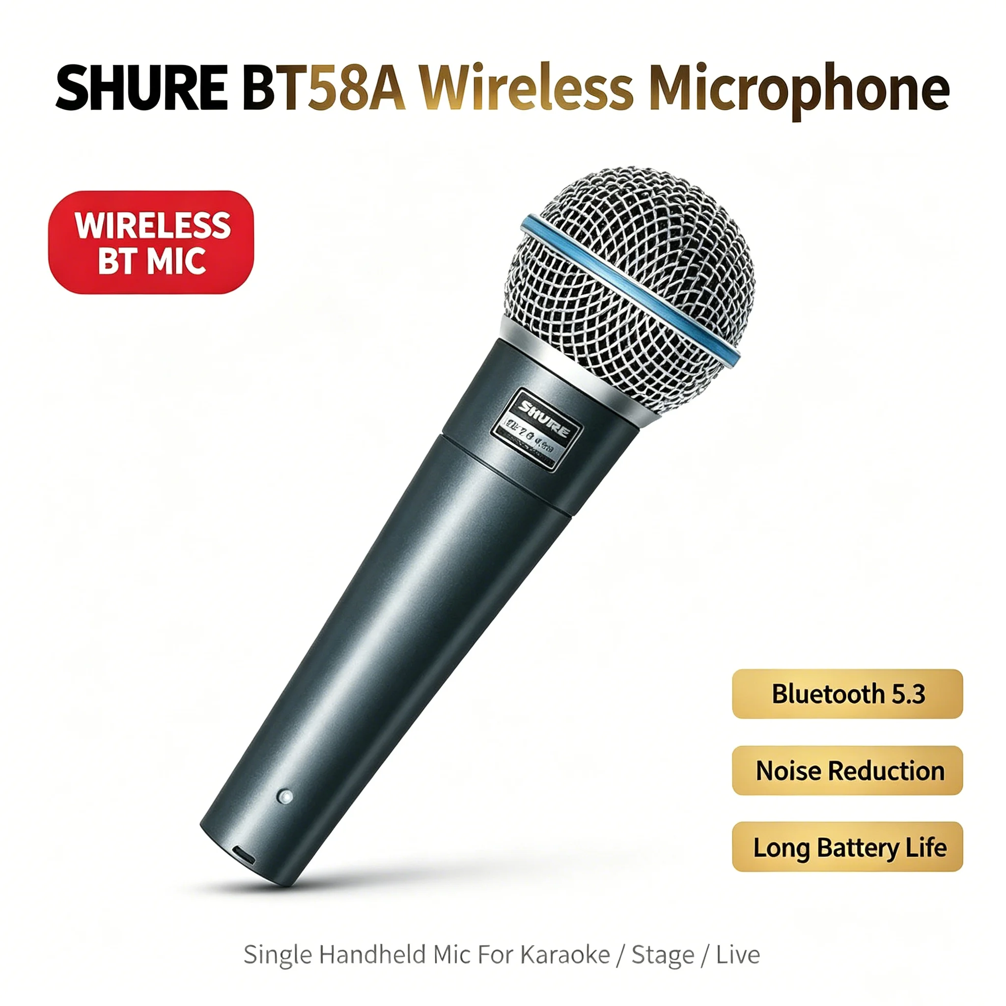 Microfone Sem Fio Bluetooth Shure Beta58A, Apenas Microfone Único, Sem Receptor, Microfone Dinâmico com Cancelamento de Ruído para Karaokê