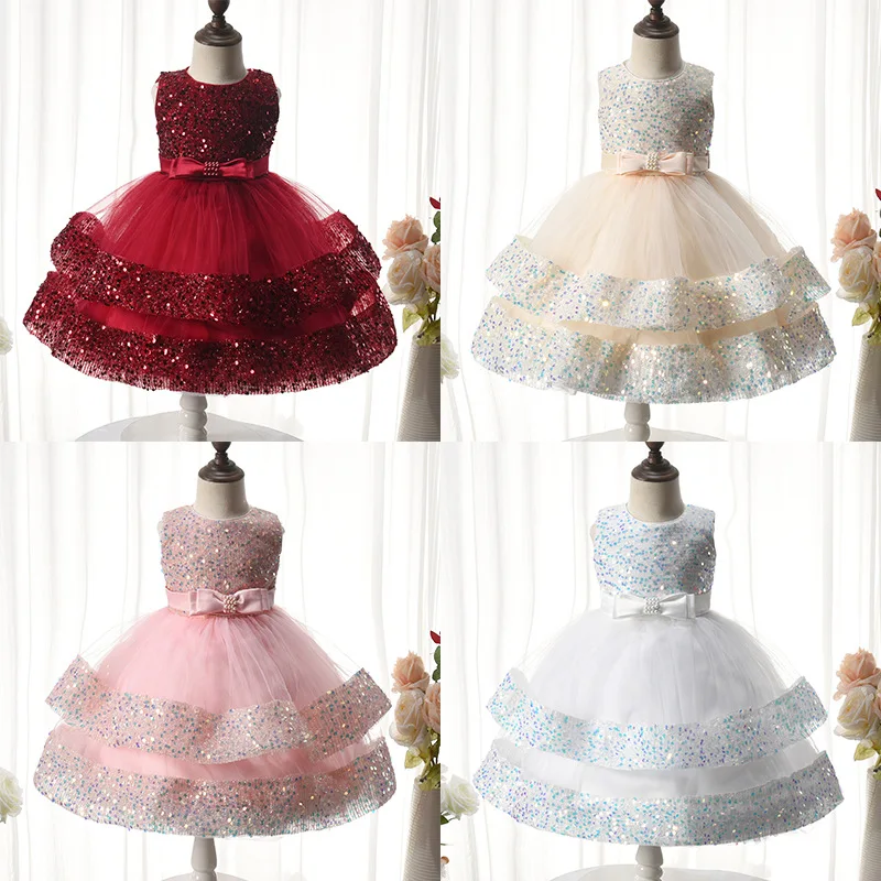 

New Sequin Birthday Party Baby Dress First Christening Toddler Dress Sleeveless Tulle Cute Wedding Princess Dress Girls Christma