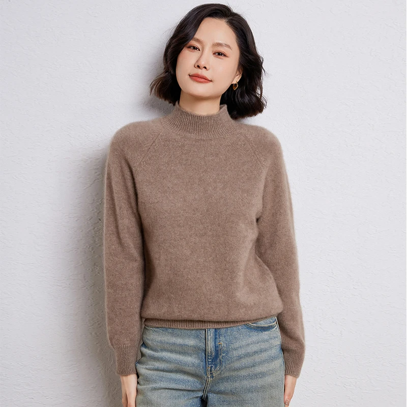 

Spring Autumn Winter New Thicken 100% Pure Wool Sweater Women's Half high collar Knitted Hoodie Casual Fashion Long Sleeve Tops