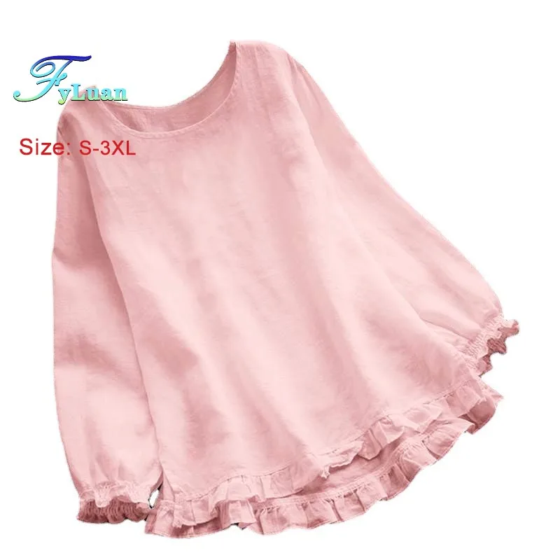 

2025 Spring Autumn New Clothing Cotton Blends Solid Color Tops Pullover Lotus Leaf Loose Round Neck Long Sleeve Casual T-Shirt