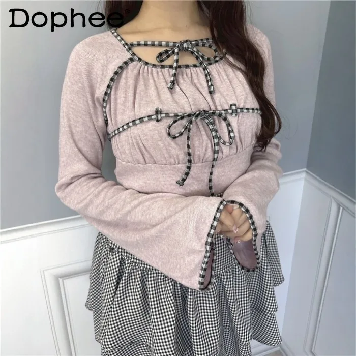 

2026 Spring New Japanese Sweet Plaid Lace-Up Flared Sleeve Women's Knitted Sweater Versatile Slim Fit Top