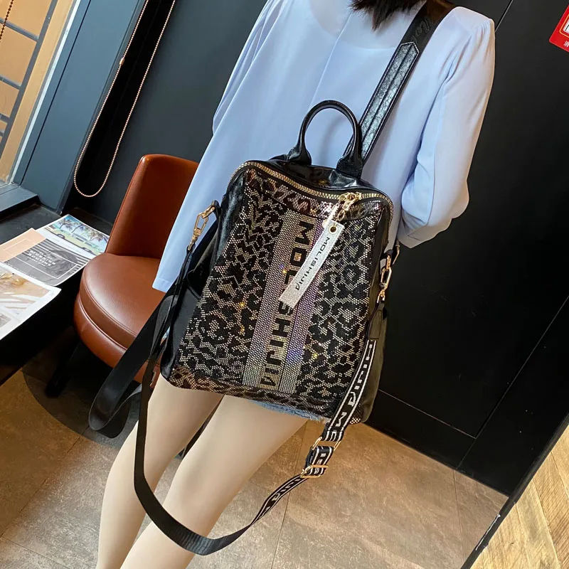 

Leopard Ita Bag Pack Rhinestone Backpack Women Trend Mochila Mujer Large Capacity Travel Bagpack New School Bags Shoulder Sac