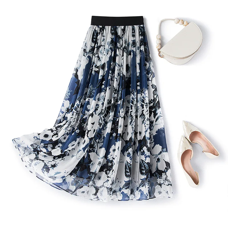 Winsleter, Real Silk Elegant Skirts, Women Elastic Waisted Floral Print, Beach Vacation Retro Skirt, 2024 Summer Autumn B47123QM