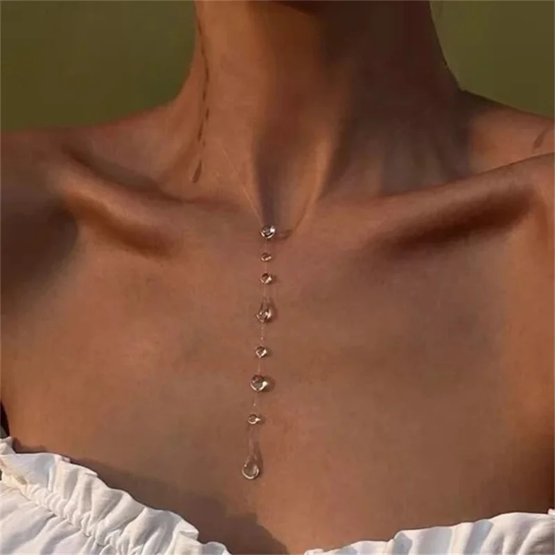 Simple Transparent Water Drop Clavicle Chain Thin Rope Beaded Tassel Earrings Necklace Bracelet Women Niche Personalized Jewelry image 6