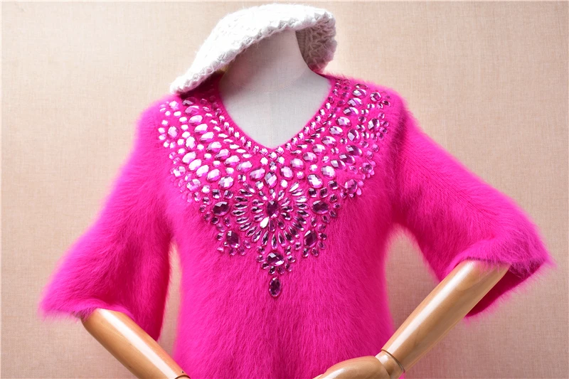 Women Mujer Autumn Winter Clothing Pull Rose Beading Hairy Mink Cashmere Knitted Half Sleeves Slim Blouses Pullover Sweater Pull