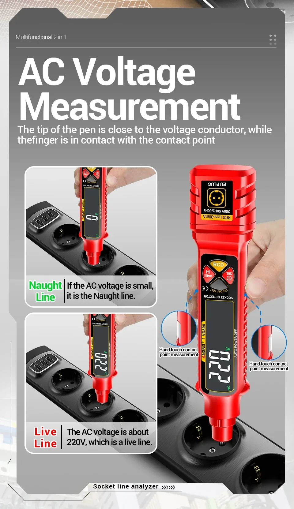 ANENG VD808 Steckdosentester Leitungsdetektor AC/DC Spannungsmessung Polarität Leckstrom NCV Spannungserkennung Elektrikerwerkzeuge – Detail 5