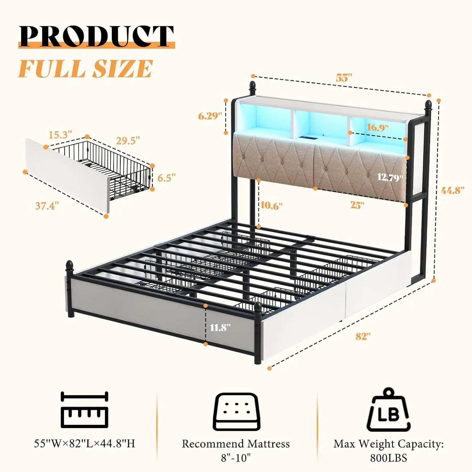 Cadre de lit pleine grandeur avec bibliothèque, planche de sauna, lit à plateforme en bois, station de charge, lumière LED, 4 égouts de proximité de stockage