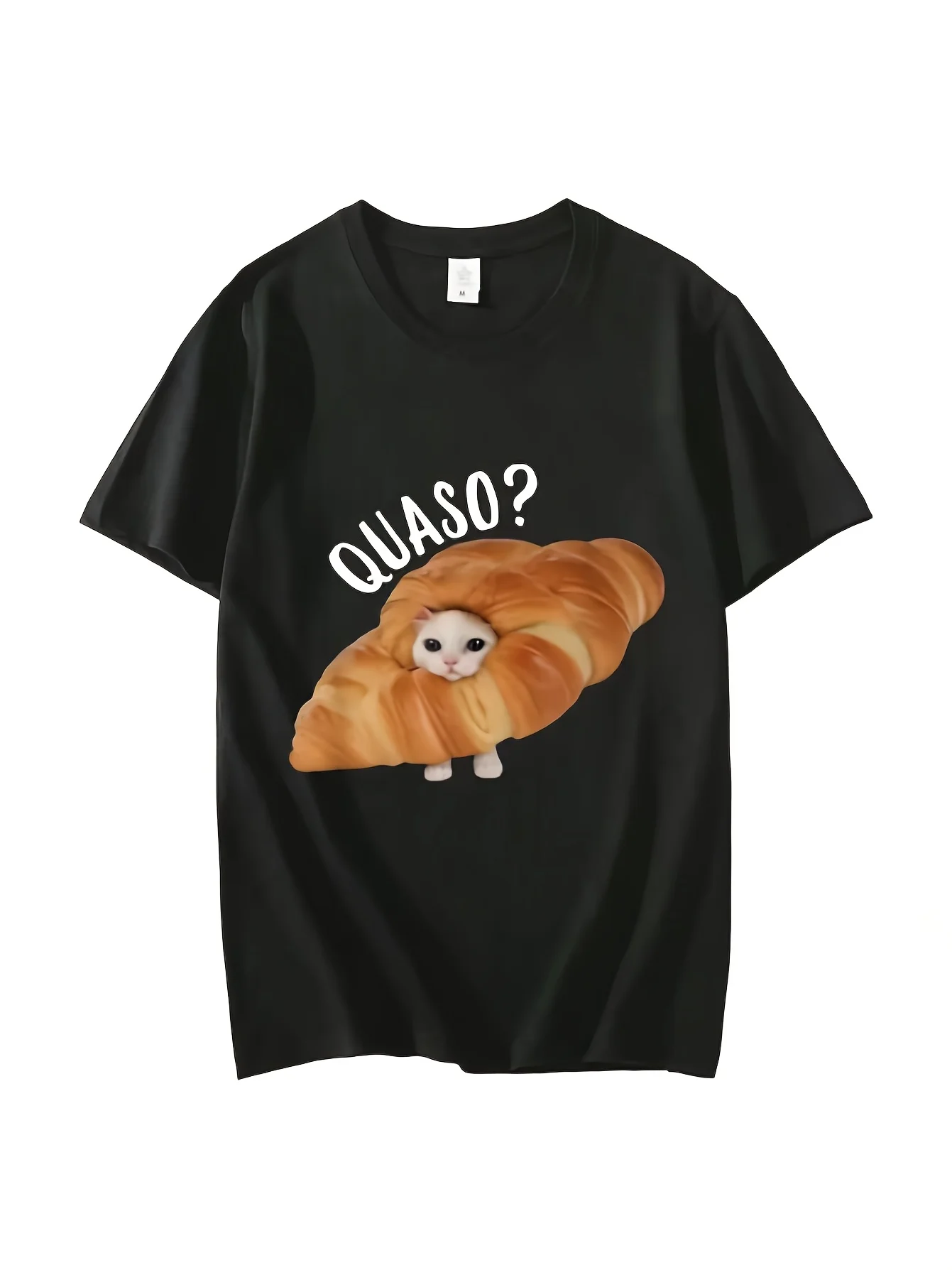 Funny Croissant Cat Meme T-Shirt Unisex Loose Fit Short Sleeve Shirt with Memeable French Pastry Tabby Cat Design