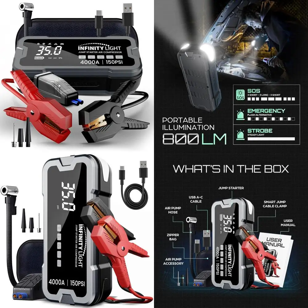 

4000A Jump Starter 150 PSI Air Compressor Tire Inflator Cordless Air Pump, 12V Portable Car Battery Booster, LED Display, 12000m