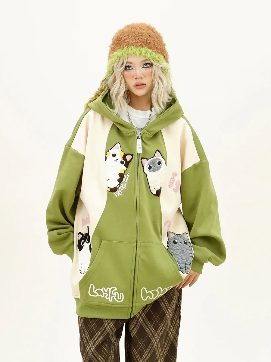 

Fun Kitten Sweatshirts Cardigan Women's 2024 Autumn New Loose Bf American College Style Sweet and Cool