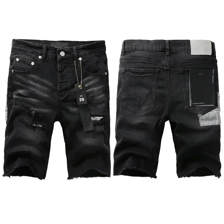 

Top Quality Purples Men Jeans Shorts Black brands Denim Shorts Summer Holes BUTTON Shorts pants Male Stretch Fit Denim Jeans