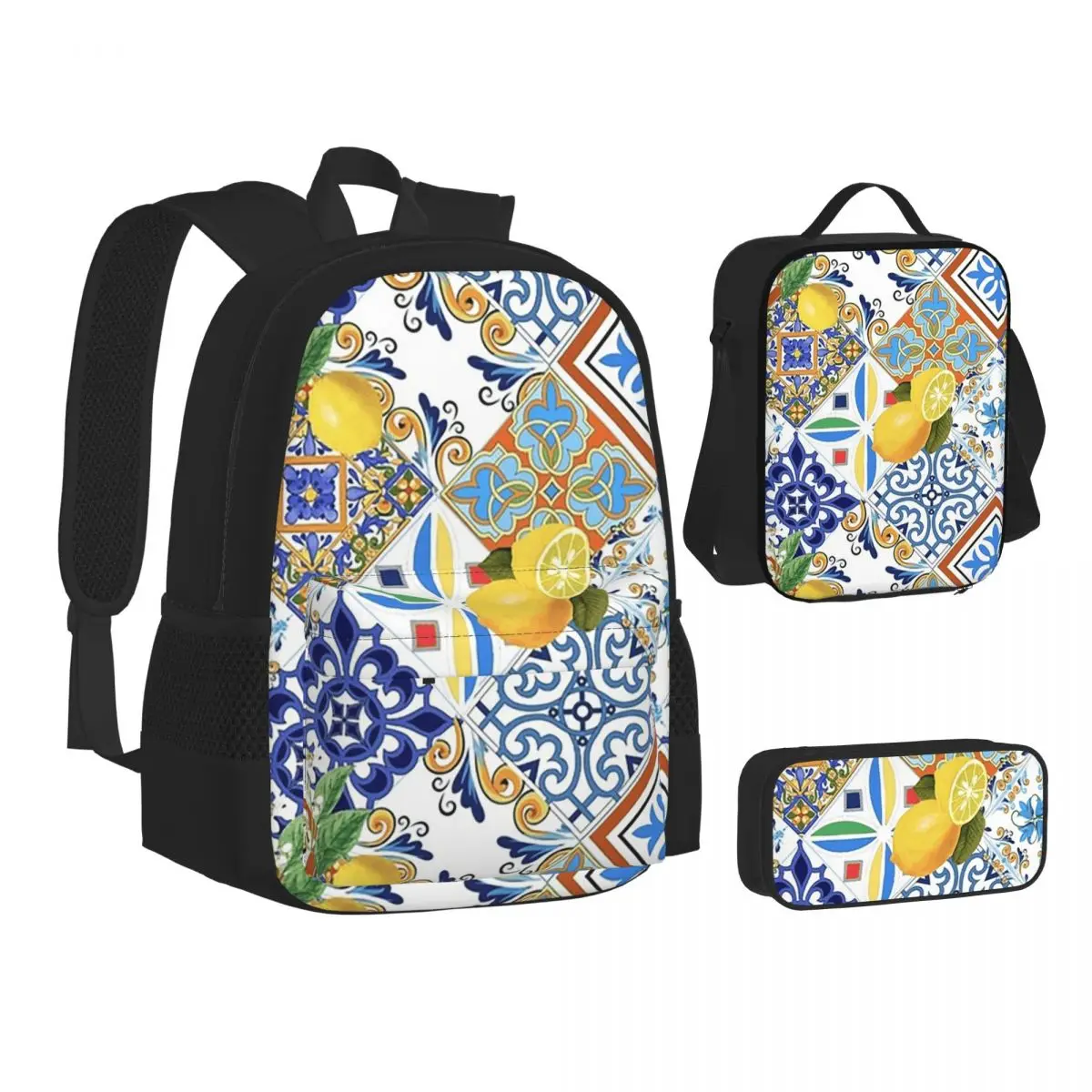 Mediterranean Tiles And Lemon Backpacks Students Bookbag School Bags Children Rucksack Lunch Bag Pen Bag Three-Piece Set