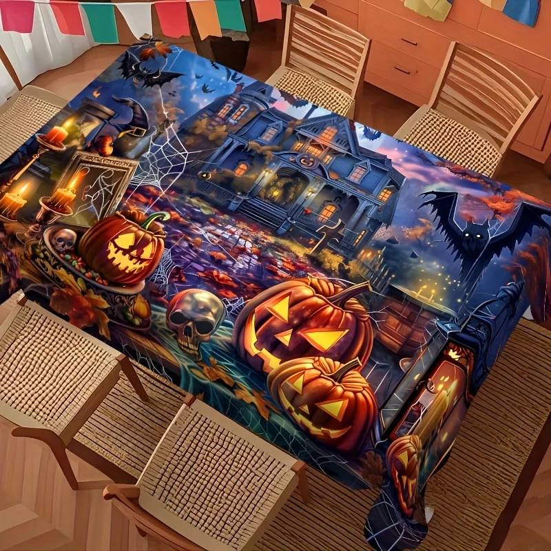 1 piece of Halloween tablecloth - Ghost House, Pumpkin Lanterns, Bats, Gothic Mansion - Large size 35x55 incheszyc