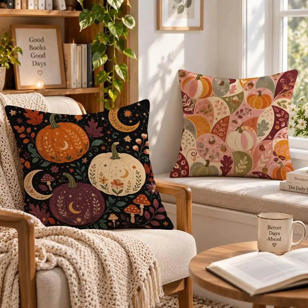 Art Autumn V-Vintage Pumpkin Harvest Cushion Cover Soft Short Cover Washable Sofa Bed Dorm Garden Home Office Chair Decor