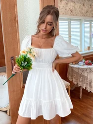 White Summer Dress Backless Lace Up Ruffles Ruched Solid Tie Back Flounce Dress Puff Sleeve Elegant Dress