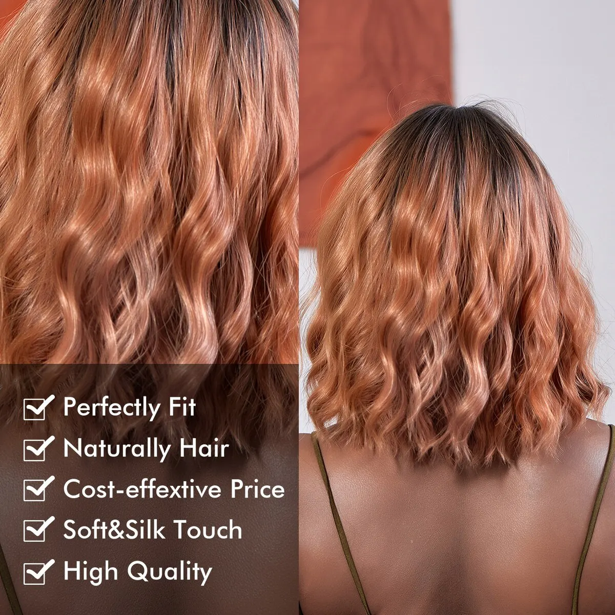 14-calowe krótkie syntetyczne peruki Bob Curly Wave Ombre Copper Blonde Color Hair Wigs With Bangs Replacement Wig For Women Daily Party