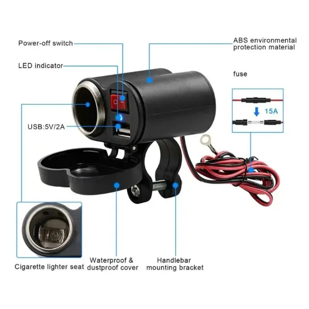 12V Motorcycle Handlebar USB Charger Waterproof Cigaret-te Lighter Socket with Switch for Cellphones Mobile Tablets GPS