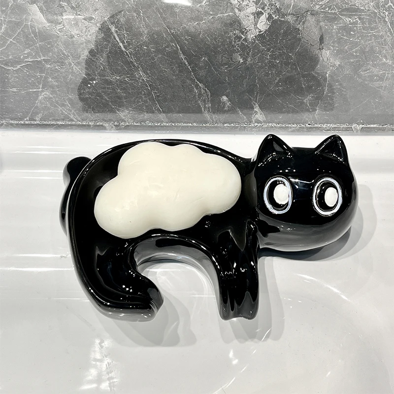 Cartoon Cute Cat Shape Soap Box With Drain Water Soap Box Wash Basin Drainage Shelf Ceramic Soap Dish Bathroom Accessories