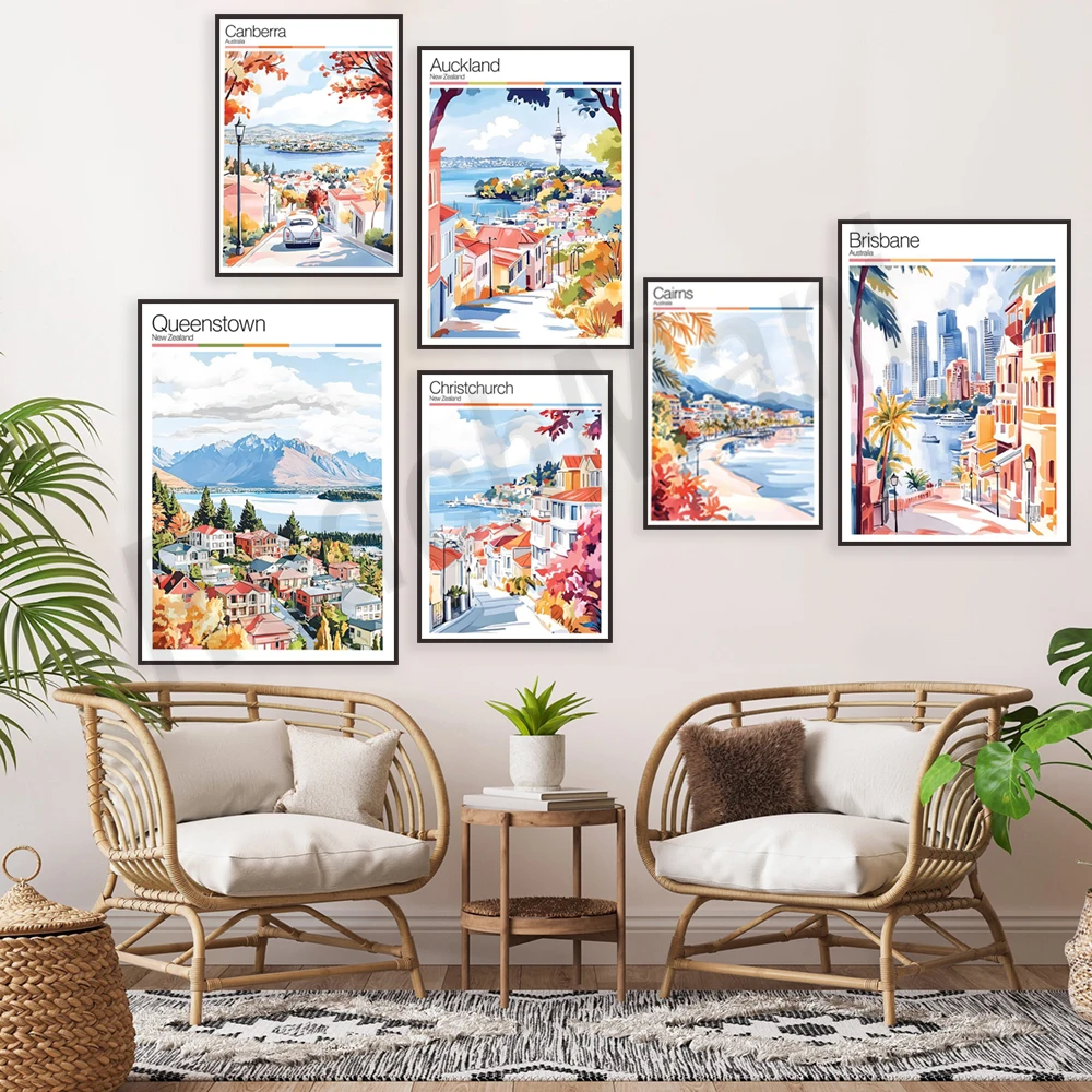 كيرنز، أديليد، كوينستاون، أستراليا بيرث، ملبورن، غانا جولد كوست، أوكلاند، نيوزيلندا، ملصقات السفر كانبيرا #3