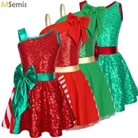 Vestido de baile tutú de Ballet con lentejuelas para chico y niña, leotardo de gimnasia a rayas con lazo grande, Ropa de baile para patinaje artístico, disfraces de fiesta de elfo de Navidad