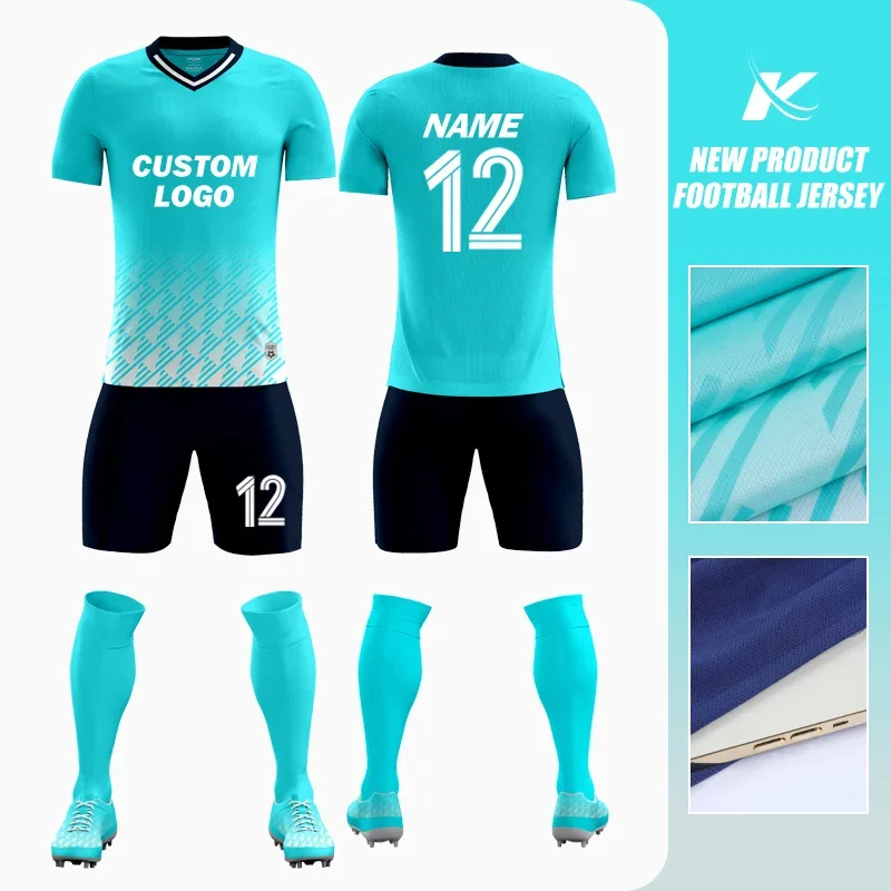 

Custom Sky Blue Print Short Sleeve Mens Soccer Uniform Adults Football Culb training wear soccer uniform football full set 8858