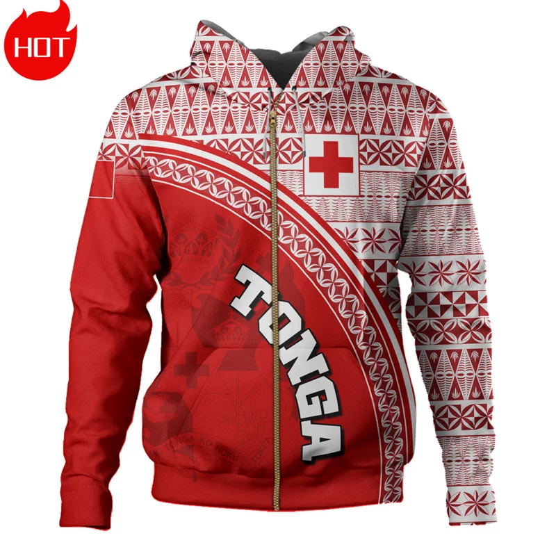 3D Printed The Kingdom Of Tonga National Flag Zip Up Hoodies Tonga Coat Of Arms Graphic Zipper Sweatshirts Vintage Mens Clothing