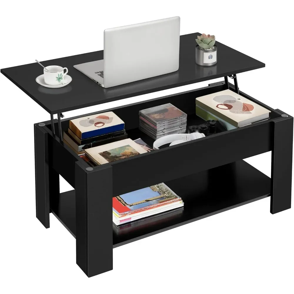 Mesa de centro elevadora de madera con estante de almacenamiento oculto grande, espacio pequeño para el hogar, 38,6 pulgadas, negro