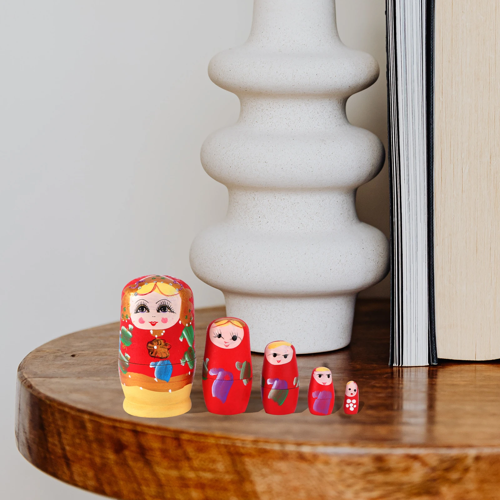 

5pcs Wooden Ornaments Bright Color Cartoon Nesting Toy Stacking Decor Festival Gift Kids Play Matryoshka Wood Craftwork